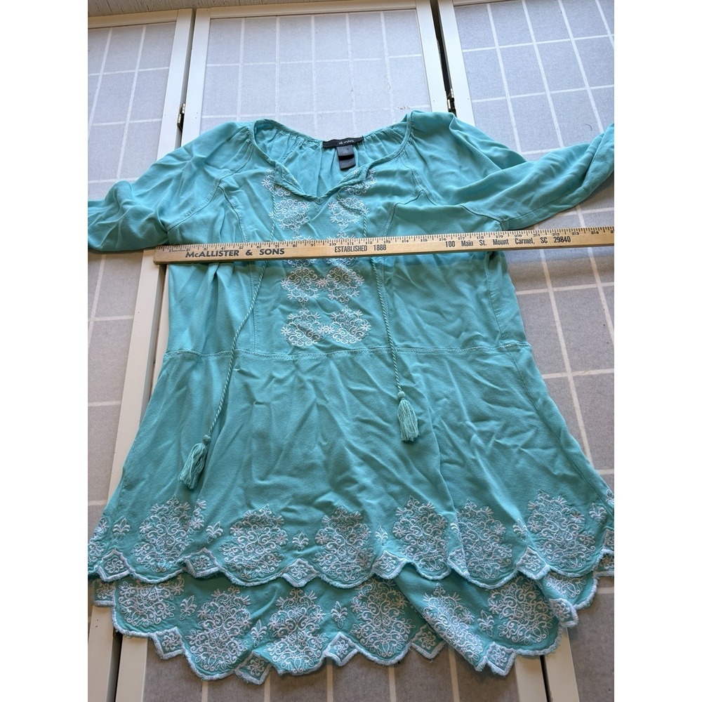 Ali‎ Miles Top Womens Large Blue Embroidered 3/4 Sleeve Tunic Peasant Tasseled - Picture 7 of 8